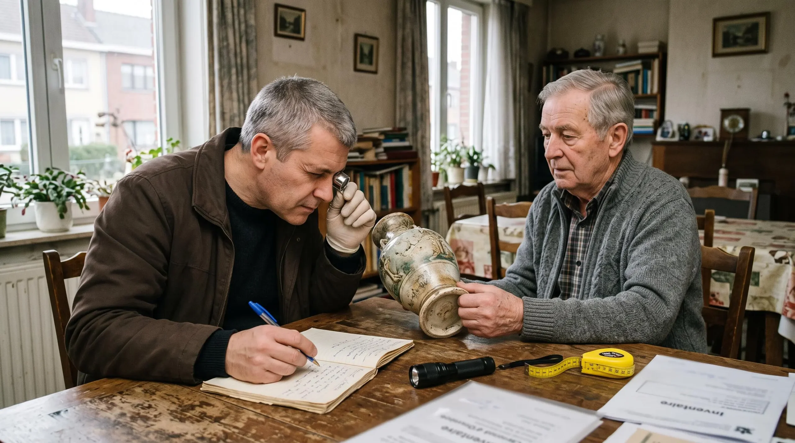 Un expert examinant un vase en céramique ancienne à la loupe et prenant des notes pendant un rendez-vous d'estimation à domicile avec le propriétaire.