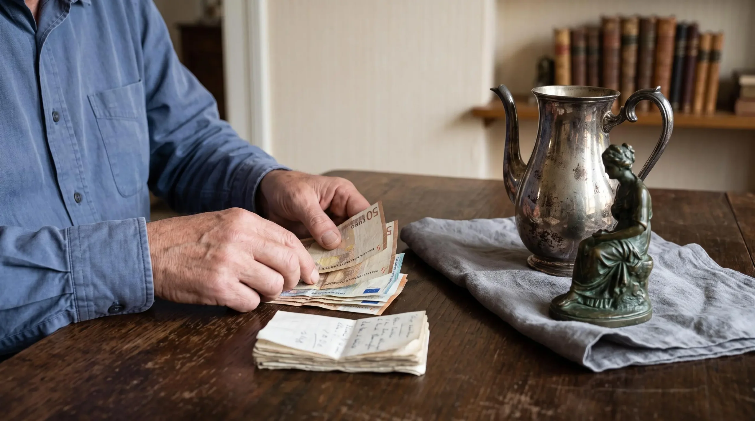 Mains d'un antiquaire comptant des billets en euros à côté d'objets anciens rachetés lors d'un achat comptant à domicile.
